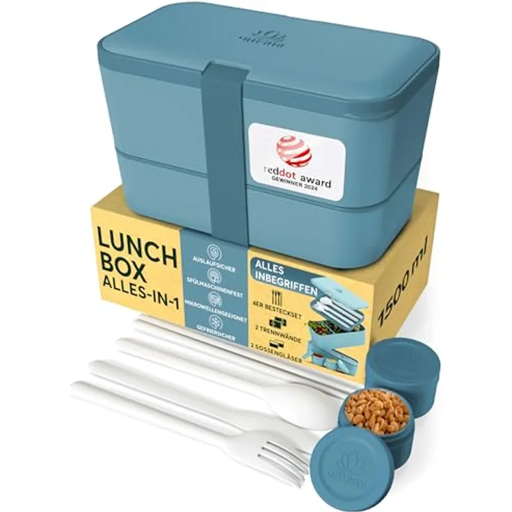 UMAMI Bento Lunchbox für Erwachsene mit Besteck, 2 Saucenbehältern, auslaufsicher, ideal für Salat und Snacks, 2 Etagen mit Fächern, leicht zu reinigen
