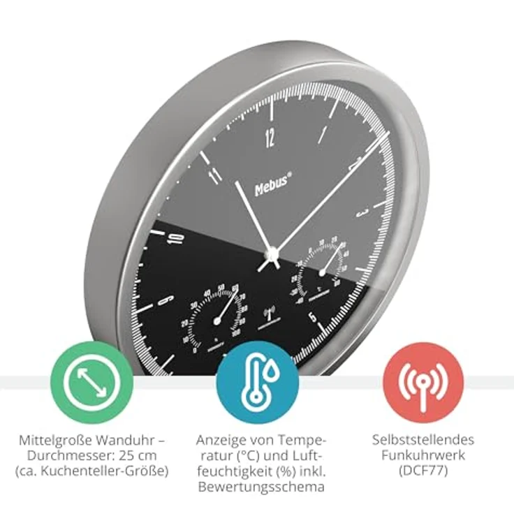 Mebus Kleine Funkwanduhr TinyTime mit Thermo- und Hygrometer | Wanduhr ohne Tickgeräusche | 25 cm | Weißes Zifferblatt | Aluminiumgehäuse | Temperatur- und Luftfeuchtigkeitsanzeige – Bild 2