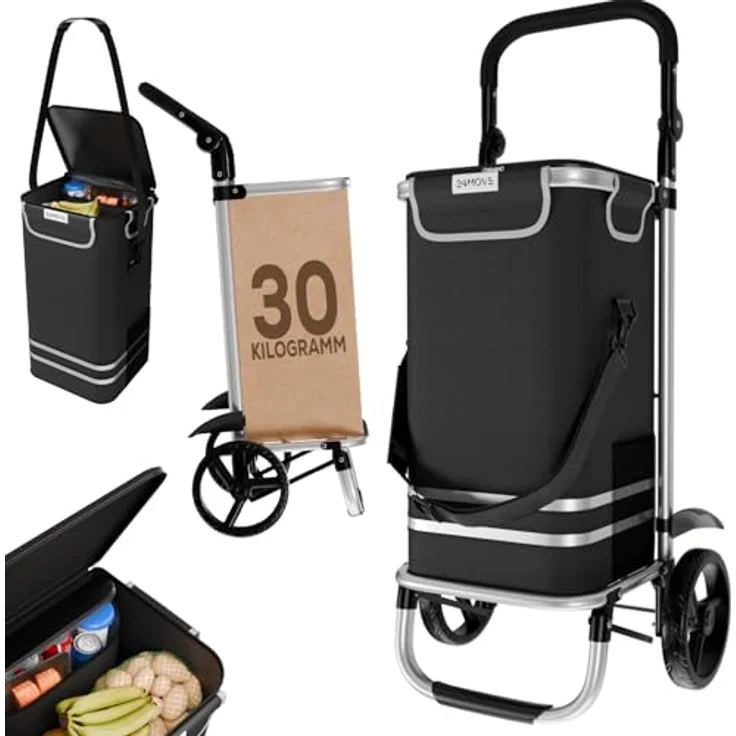 24MOVE® Einkaufstrolley Vehlo, klappbar mit 55L Kühlfach, faltbarer 3in1 Trolley - Sackkarre und Tasche, bis 30kg belastbar, schwarz – Bild 1