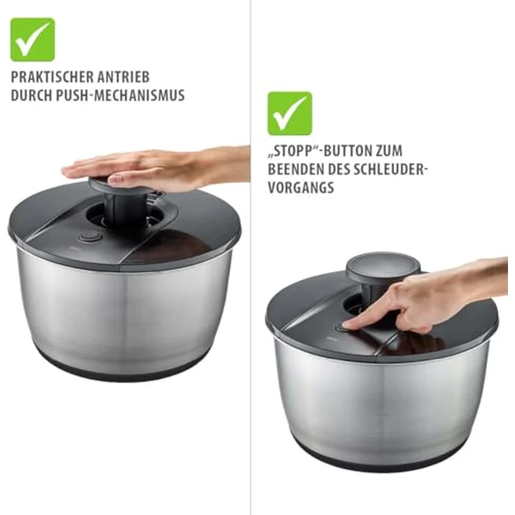 GEFU Salatschleuder PUSH IT Ø 25 cm, Edelstahl-Schüssel 5 l mit PUSH-Mechanismus, Stopp-Button und rutschfestem Silikonboden, spülmaschinengeeignet – Bild 4