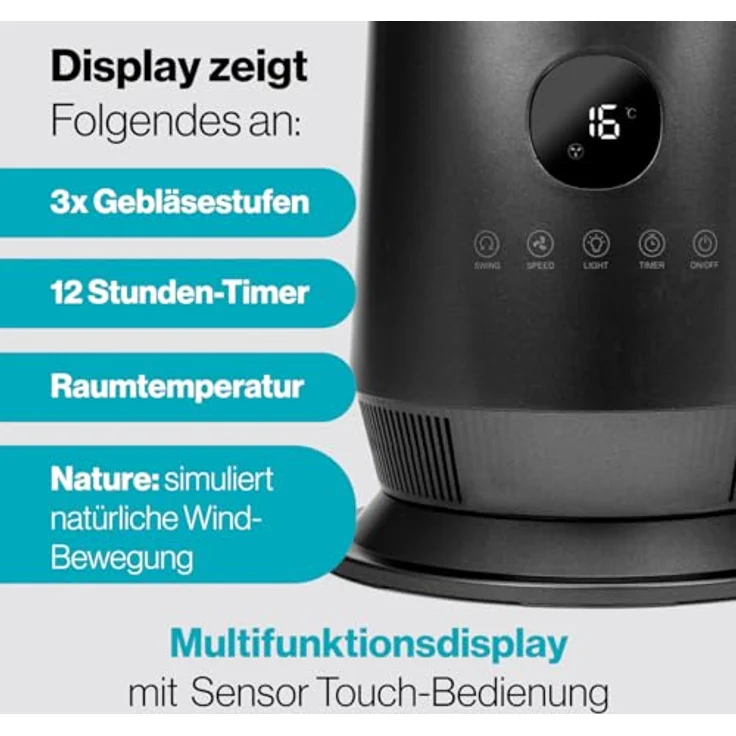 ProfiCare® PC-TVL 3152, flügelloser Turmventilator grau mit 3 Gebläsestufen, Schwenkfunktion, 12h Timer und Raumtemperatur-Anzeige – Bild 4