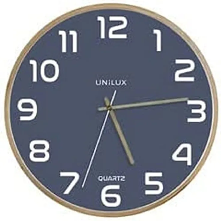 Unilux Moderne Holzrahmen Wanduhr BALTIC, Blaues Ziffernblatt 31cm, Ohne Ticken
