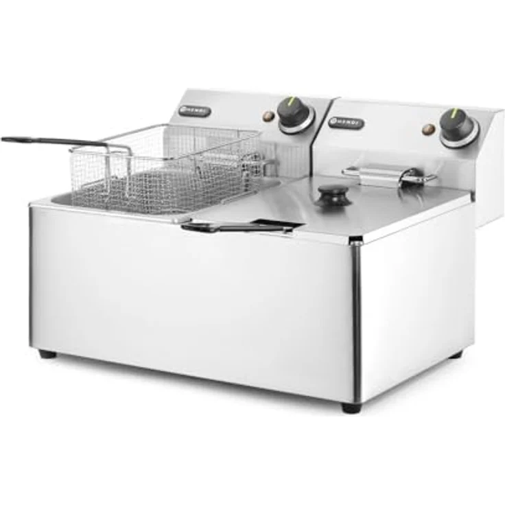 HENDI Fritteuse, einstellbar bis 190°C, Kaltzone, mit Frittierkorb und Deckel, Entnehmbar Becken, Sicherheitsthermometer, 2x8L, 230V, 7000W, 550x430xH345mm, Edelstahl – Bild 3