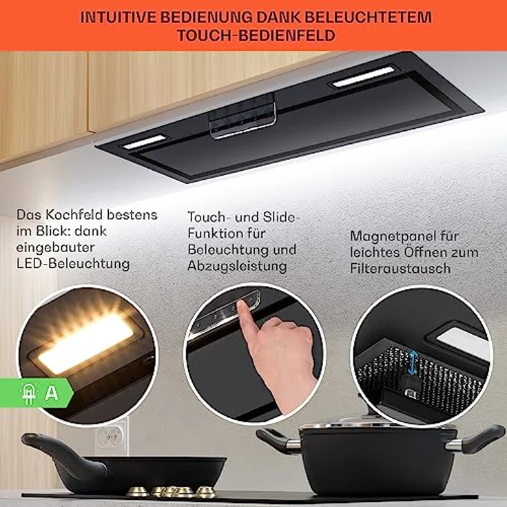 Klarstein Dunstabzugshaube 70cm, Abluft-Dunstabzugshaube mit Spülmaschinenfestem Aluminium Filter, Leise Abzugshaube für Abluft, 508 m³/h Luftstrom, Wandhauben mit LEDs, Dunstabzug zur Wandmontage – Bild 4
