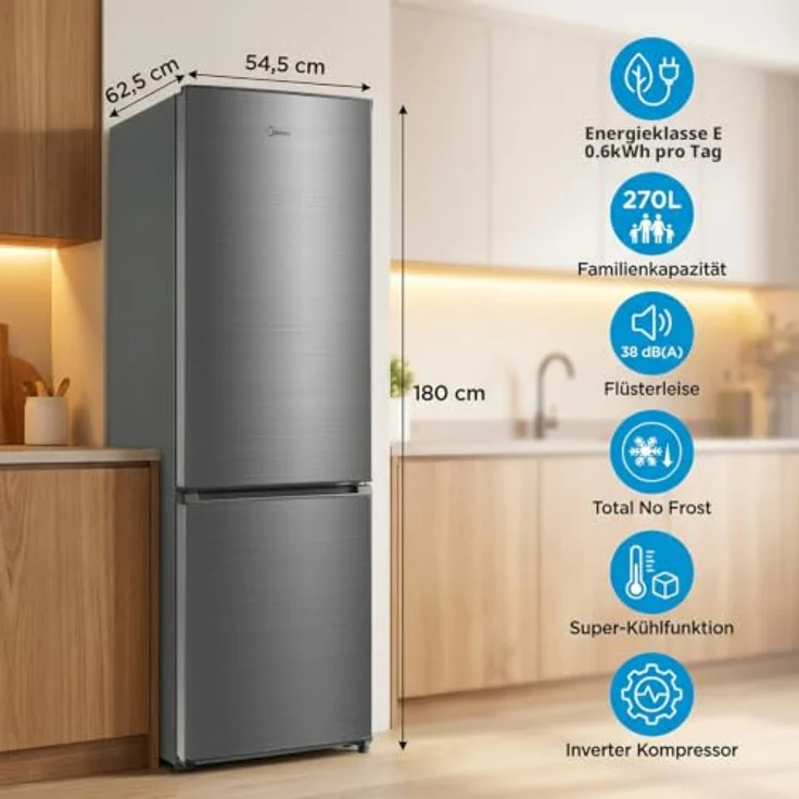 Midea 270L Kühlschrank mit -24°C Gefrierfach, Total No Frost, 180 cm, 41 dB, All-Around Cooling, LED-Beleuchtung – Bild 2