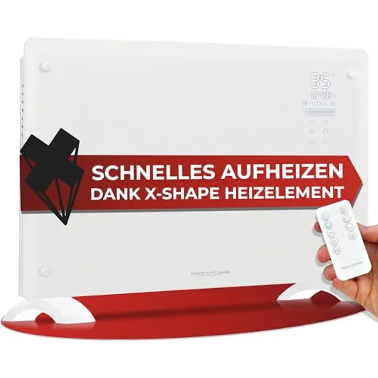 ProfiCare® Elektroheizung mit Glasfront & X-Shape Heizelement | mobiler Heizkörper auch für Wandmontage geeignet | Konvektor Heizung mit 2 Heizstufen | lautloses Heizen - 0dB | PC-GKH 3119 weiß