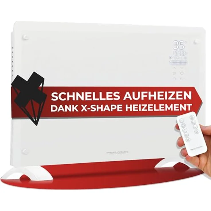 ProfiCare® Elektroheizung mit Glasfront & X-Shape Heizelement | mobiler Heizkörper auch für Wandmontage geeignet | Konvektor Heizung mit 2 Heizstufen | lautloses Heizen - 0dB | PC-GKH 3119 weiß – Bild 1