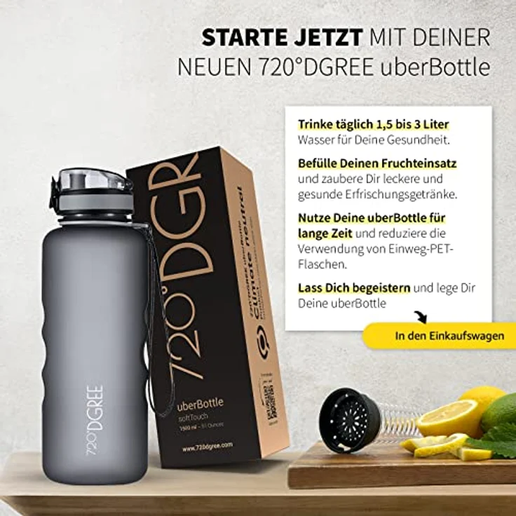 Trinkflasche Wasserflasche Fruchteinsatz 1,5L - BPA-Frei uberBottle 720 DGREE stone gray – Bild 6