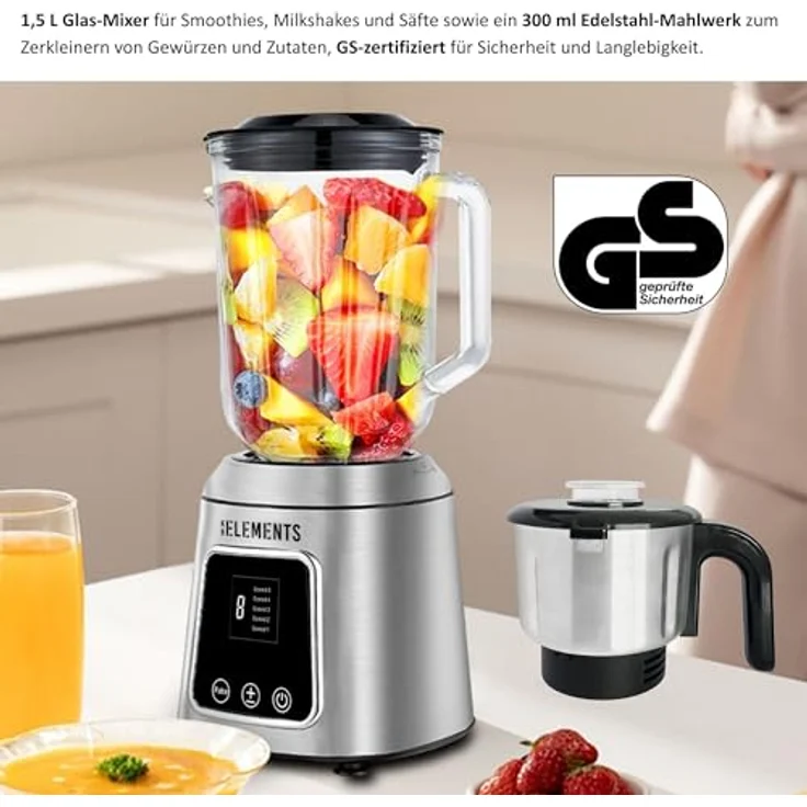 KB Elements Standmixer ELK303G, 600 W Vollkupfer-Motor, 1,5 L Glas-Mixer, Full-Touch-Display mit 5 Geschwindigkeiten, Edelstahlgehäuse – Bild 4