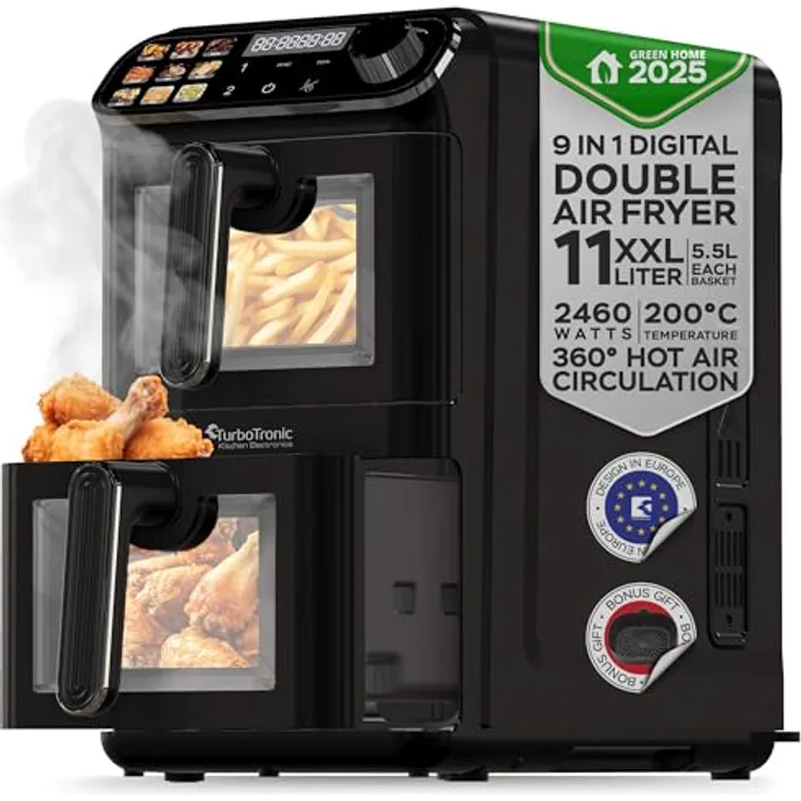 TurboTronic Heißluftfritteuse XXL – 11 L DualZone mit 2 unabhängigen Garkörben, digitales Touch-Display, fettfreies Frittieren ohne Öl, inkl. Silikoneinlagen