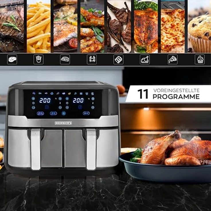 Heinrich´s Heißluftfritteuse HFR 8214, 2400,00 W, Airfryer, Doppel-Heißluftfritteuse, 9 Automatikprogramme – Bild 5