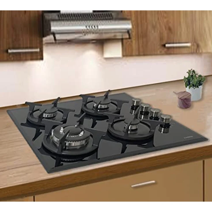 Phönix PG-604ST Gaskochfeld 4 flammig Glas Gaskocher Einbauherd + Gasschlauch-Regler-Set + WOK-Aufsatz + Herdkreuz – Bild 3