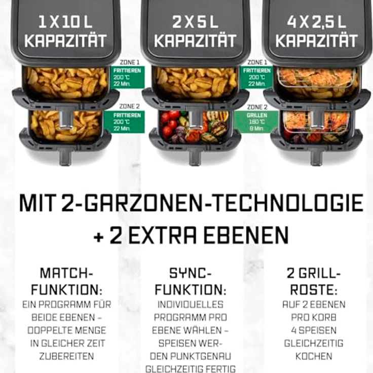 GOURMETmaxx FryUp Vertikale Doppelkammer Heißluftfritteuse, 10L Fassungsvermögen, 2800 W, klappbares Touchdisplay, 12 Programme, platzsparendes Design – Bild 4