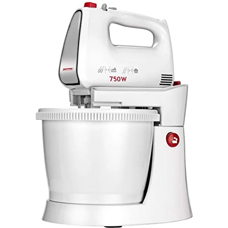 MPM MMR-20Z Teigknetmaschine mit Rotierender Schüssel 3 L, BPA frei, Knetmaschine Küchenmaschine, 5 Geschwindigkeiten + Turbo, Stangen und Knethaken Edelstahl, Weiß, 750W – Bild 1