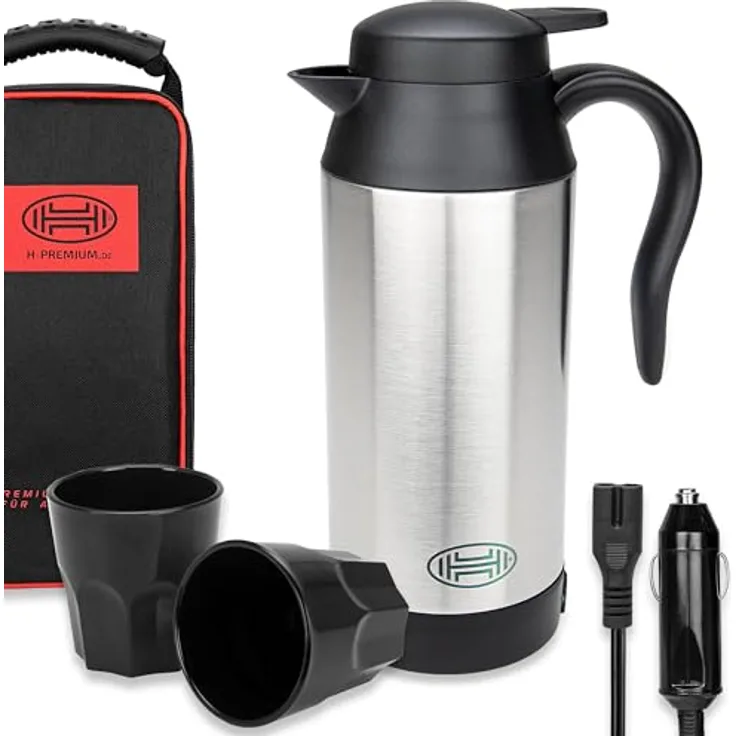 HEYNER® Wasserkocher Reisewasserkocher elektrisch Zigarettenanzünder + Tasche + 2 Becher 750 ml 12V, Silber