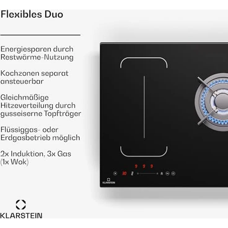 Klarstein Duale Induktions- & Gaskochplatte - 10,9 kW Vollleistung, Schieberegler, Gusseisenunterstützung – Bild 2
