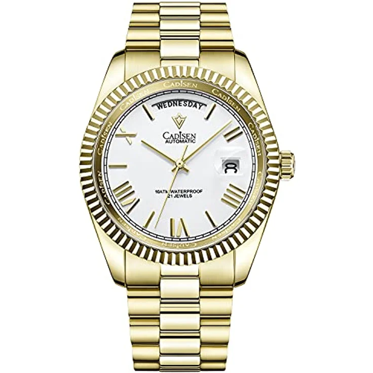CADISEN MIYOTA 8285 Automatik Uhr Herren, Mechanische Automatikuhr mit Saphirglas und Edelstahlarmband, goldene und weiße Akzente, 100 m wasserdicht – Bild 1