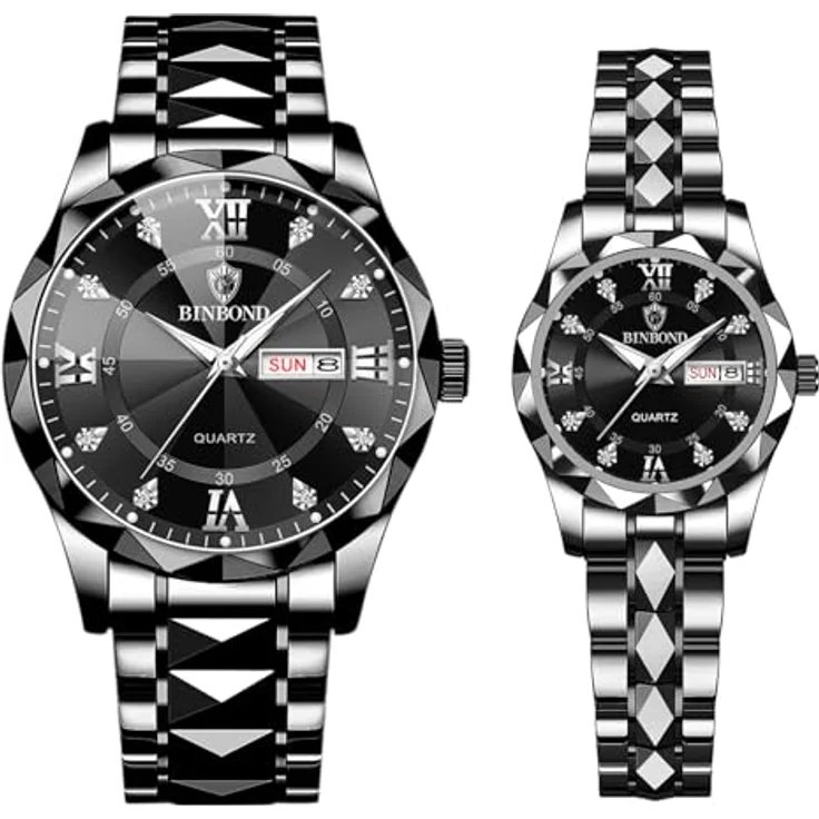 JewelryWe Paar Uhren Leuchtende Partneruhr, Schwarz Edelstahl, 30m wasserdicht, Analog Quarz mit römischen Ziffern und Diamantskala, 2er Set – Bild 1