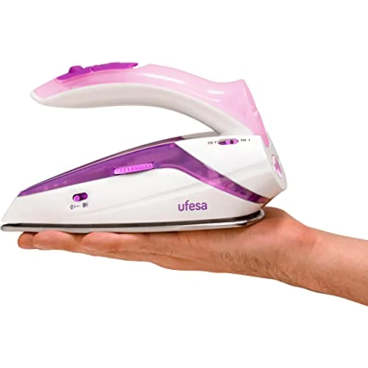UFESA PV0500 Reisedampfbügeleisen, Reise Dampfbügeleisen, mit Klappgriff, 1.100 W Maximum, Doppelspannung 110 - 230V, weiß und violett, Edelstahl Sohle – Bild 5