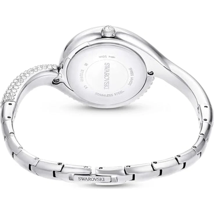 Swarovski Dextera Uhr, Asymmetrische analoge Armbanduhr mit silberfarbenem Metallarmband und 203 Kristallen, Armbandlänge: 11.7-14.7 cm, wasserdicht bis 50 m – Bild 3