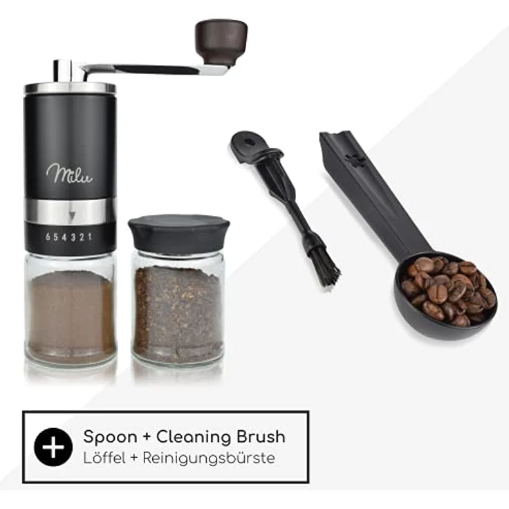 Milu Manuelle Kaffeemühle Handkaffeemühle mit Keramik Mahlwerk I 6 Stufen Mahlgradeinstellung I Espressomühle I – mit Löffel & Bürste (Schwarz) – Bild 5