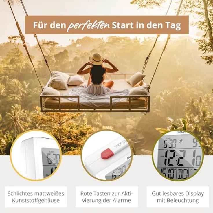 Mebus Digitaler Funk-Wecker mit Thermometer, Datumsanzeige, zwei Weckzeiten, Weckwiederholung, automatische Sommer- und Winterzeitanpassung, Hintergrundbeleuchtung, Weiß – Bild 5