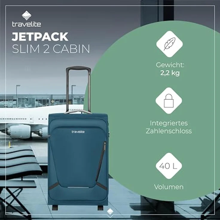 Travelite Jetpack Handgepäck Koffer, 55x35x23 cm, 40 l, 2,2 kg, integriertes Zahlenschloss, Petrol, geeignet für Air France, KLM + ITA – Bild 2
