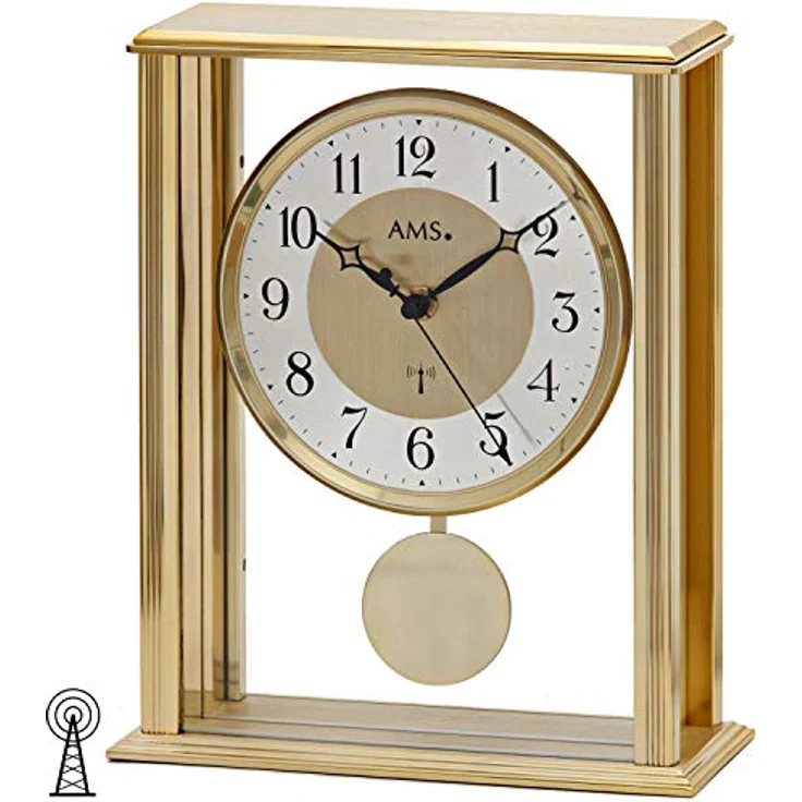 AMS Funktischuhr Pendeluhr eckige Form 5190 5191, goldenes Gehäuse aus Glas und Metall, batteriebetrieben – Bild 2