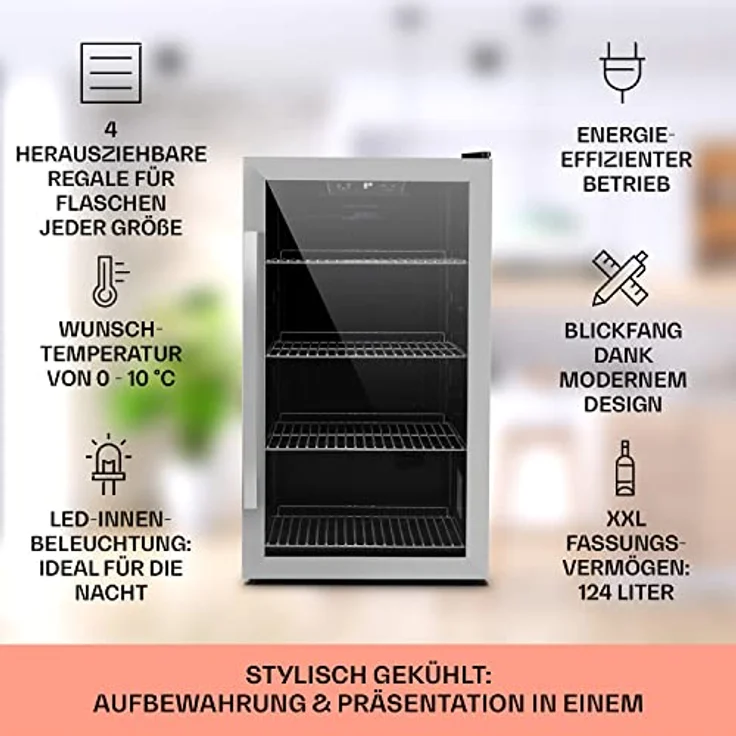 Klarstein Mini Kühlschrank mit Glastür, 124 L Getränke Kühlschrank, leise und verstellbare Ablagen, Indoor/Outdoor, Edelstahl – Bild 2