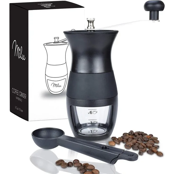 Milu Kaffeemühle Handmühle Set 3-tlg. mit Keramikmahlwerk, stufenlos einstellbar, schwarz