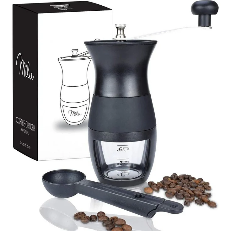 Milu Kaffeemühle Handmühle Set 3-tlg. mit Keramikmahlwerk, stufenlos einstellbar, schwarz