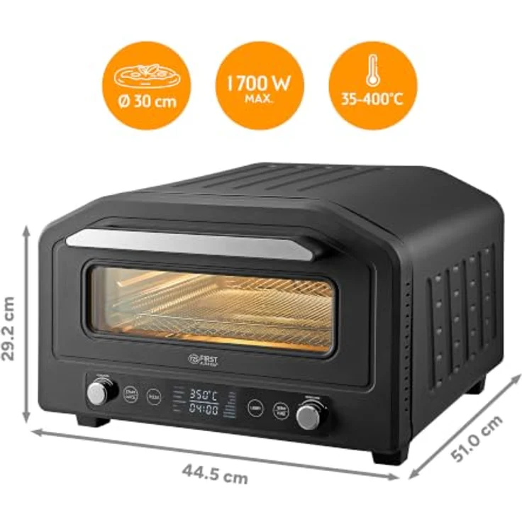TZS First Austria Pizzaofen 18L, 400°C, 6 Programme, 8 Funktionen, 1700 W, Schwarz, inkl. Pizzastein, Pizzaschieber und Frittierkorb – Bild 2