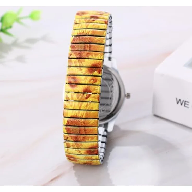 JewelryWe Damenuhr Boho Sonnenblumen, Elastische Armbanduhr im Bohemian Hippie Stil mit großem Ziffernblatt, Edelstahl Stretcharmband, Analog Quarzwerk – Bild 3