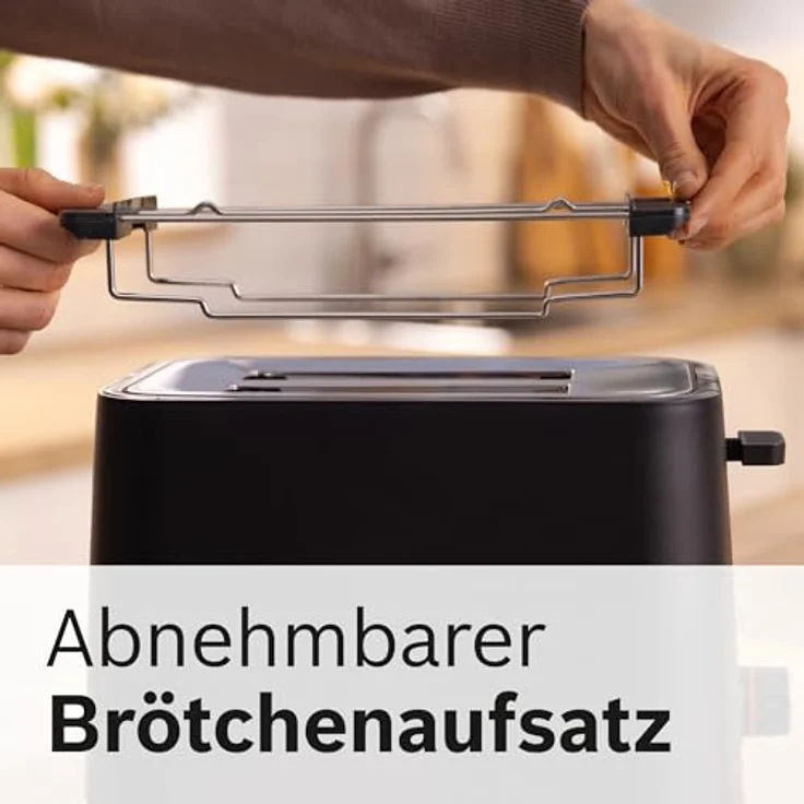 Bosch Kompakt Toaster MyMoment TAT3M123, entnehmbarer klappbarer Brötchenaufsatz, mit Auftaufunktion, Abschaltautomatik, Liftfunktion, Brotzentrierung, ideal für 2 Scheiben, 800 Watt, Schwarz matt – Bild 5