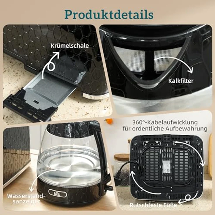 HOMCOM Wasserkocher- und Toaster-Set, 2200W Wasserkocher (1,7L) und 4-Scheiben-Toaster mit 7 Bräunungsstufen, Schwarz mit Silber – Bild 9