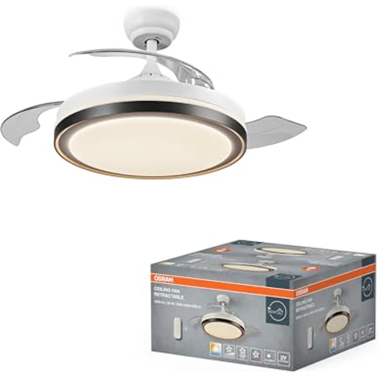 OSRAM Ceiling Fan Retractable 1070, 66W Deckenventilator in Weiß, für Räume von 13-20m² mit variabler Farbtemperatur und Sommer-/Wintermodus – Bild 1
