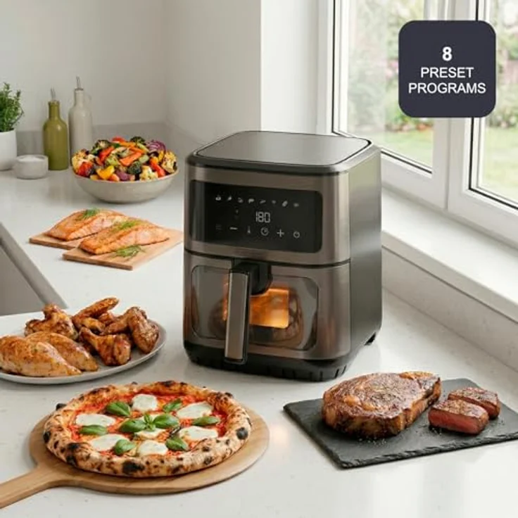 Black+Decker BXAF2501E, Heißluftfritteuse ohne Öl, 1600 W, 6,5 L, 8 Programme, Touchscreen, Temperatur 80–200 °C, Sichtfenster, Timer, Signalton – Bild 3