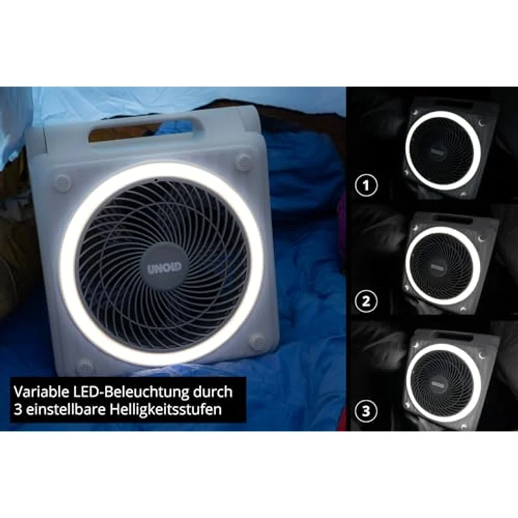 Unold Solarventilator Camping 86516, Akku-Solar-Ventilator mit 5 Geschwindigkeitsstufen, 5000-mAh Powerbank und IPX4 Spritzwasserschutz, Grün – Bild 5