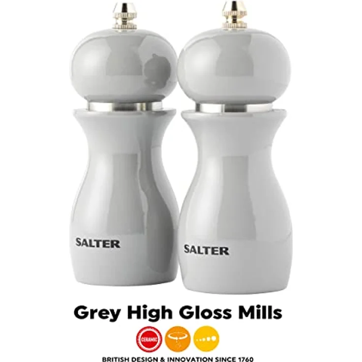 Salter 7613 GYXR Salz & Pfeffermühle Set - Küchenmühleset, Küche salzmühle, einstellbar Hartkeramik Schleifmechanismus, feines bis grobes Mahlen, Gewürzmühlen, 26g Salz/13g Pfeffer, glänzend Grau – Bild 2