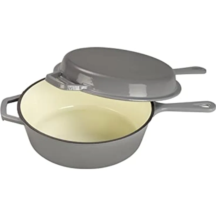 Echtwerk Schmortopf und Grillpfanne 2-in-1 Set, Gusseisen Bräter mit Deckel, Gusseisentopf mit Emaille-Beschichtung, Für Backöfen, Grill, BBQ und Induktion geeignet, Grau, 2,5 L, Ø 25,2 cm