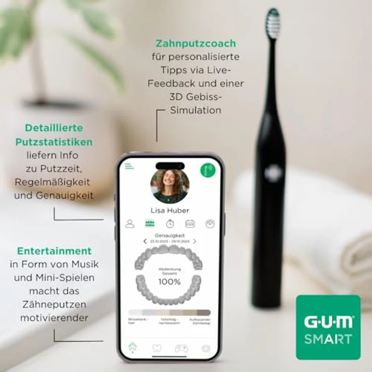 GUM Smart One elektrische Schallzahnbürste | 4 Putzmodi | Wiederaufladbarer Akku | inkl. 2 extra Bürstenköpfe und SOFT-PICKS PRO Probe M | Schwarz – Bild 5