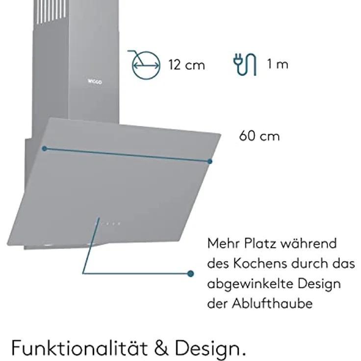 Wiggo Dunstabzugshaube 60cm kopffrei I Abluft Umluft Dunstabzug 650m³/h - Touch-Display 4 Stufen I Energieeffizienzklasse A Schräghaube inkl. Fettfilter & 2x Kohlefilter I Abzugshaube Glasfront grau – Bild 5