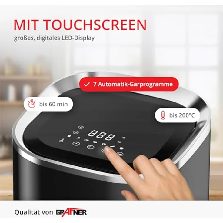 Grafner XL Digitale Heißluftfritteuse, 3,6 Liter, 1200 Watt, LED-Touchscreen, 7 Programme, 360° Gar-System, Timer, Antihaft-Beschichtung, Airfryer ölfrei Heissluftfritteuse - Schwarz – Bild 3