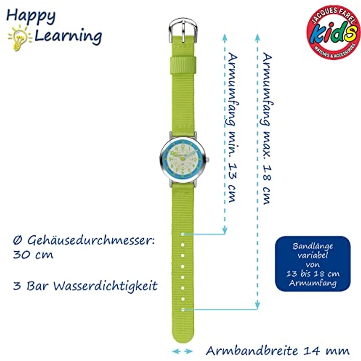 JACQUES FAREL Happy Learning Kinder-Armbanduhr Lernuhr Jungen 24h Analog Quarz Metall Textilband Grün KOP 05 – Bild 3