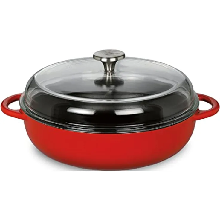 Küchenprofi PROVENCE Gusseisenpfanne rund | emailliert | rot/innen schwarz | 24 cm | mit hohem Glasdeckel | für alle Herdarten, inkl. Induktion geeignet | Schmortopf | Bräter mit Deckel