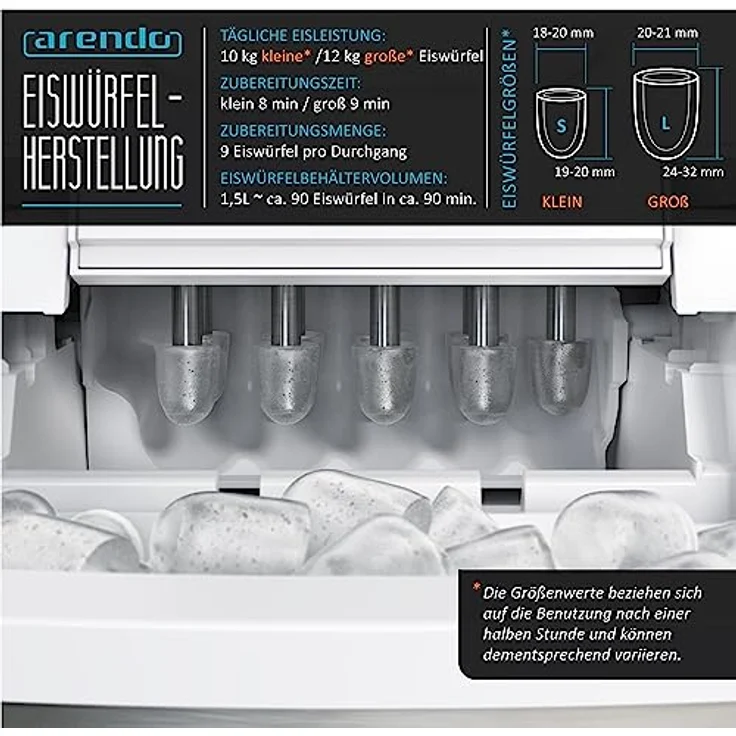 Arendo - Eiswürfelmaschine Edelstahl - Testsieger 2021 - Eiswürfelbereiter - Eiswürfelautomat - mit Kühlung - Eiswürfel Größen Klein, Groß - ABS - BPA frei, Silber – Bild 3