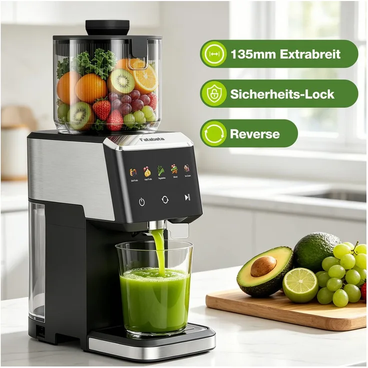 FATABETA Slow Juicer Entsafter mit 135MM großer Öffnung, 150 W, BPA-frei, hohe Saftausbeute, 2 Becher, leichte Reinigung und leiser Betrieb