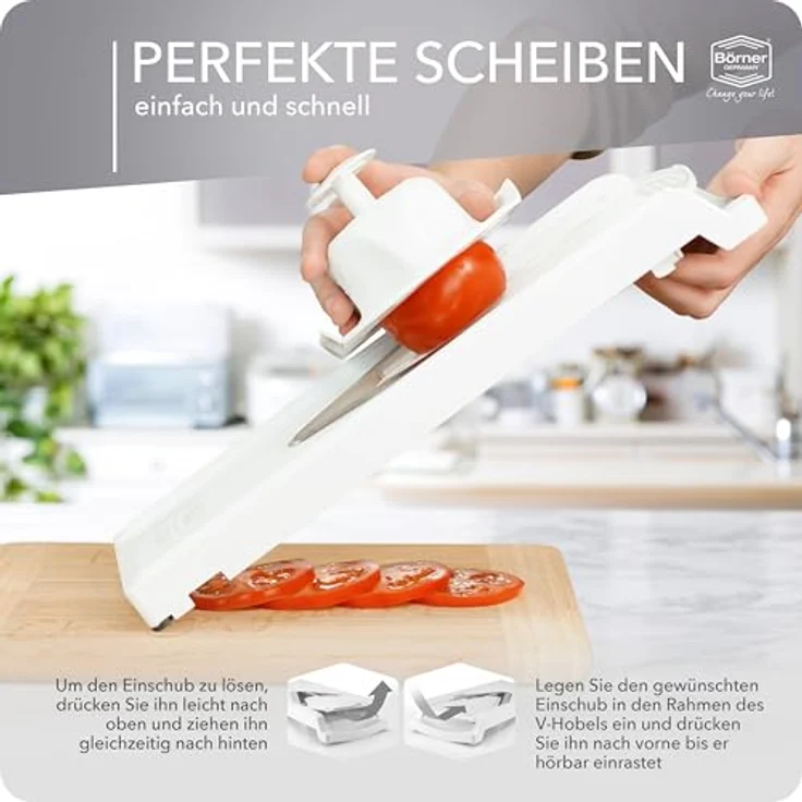 Börner Gemüsehobel V3 TrendLine Profi Set, Kunststoff, mit 2 Messereinschüben und Dockingstation weiß – Bild 7