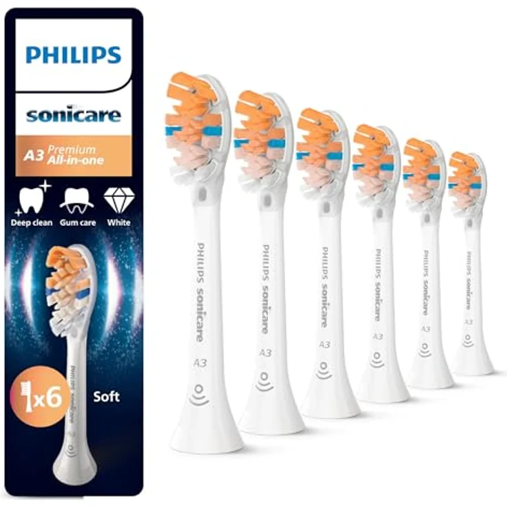 Philips Sonicare A3 Premium All-in-One Bürstenköpfe, Weiß, 6er-Pack, HX9096/87 - Effektive Plaque-Entfernung, gesünderes Zahnfleisch, bis zu 100% mehr Verfärbungen entfernen – Bild 1