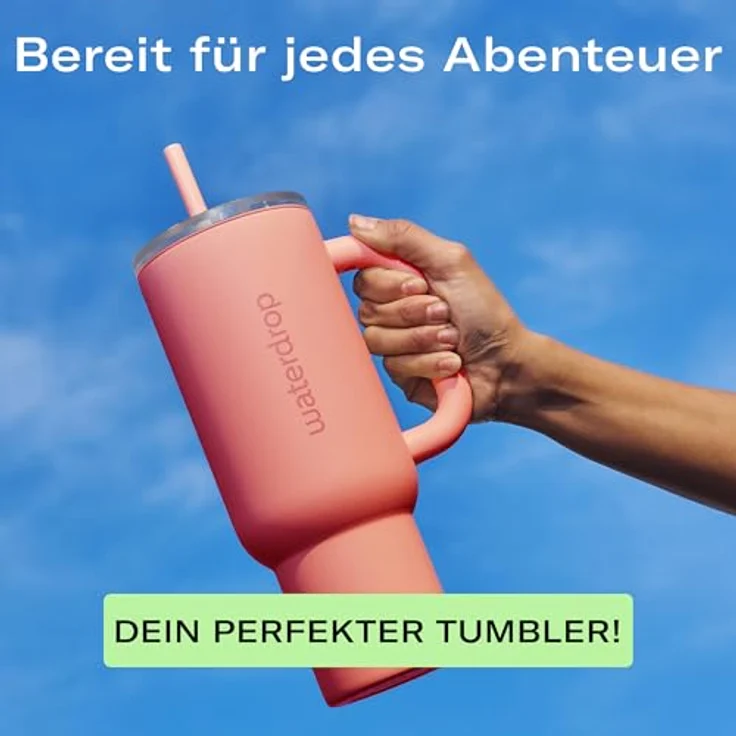 waterdrop® Thermobecher 1,1L mit Strohhalm – Auslaufsichere Edelstahlflasche, doppelwandige Vakuumisolierung, hält 12h kalt, klappbares Mundstück – Bild 2